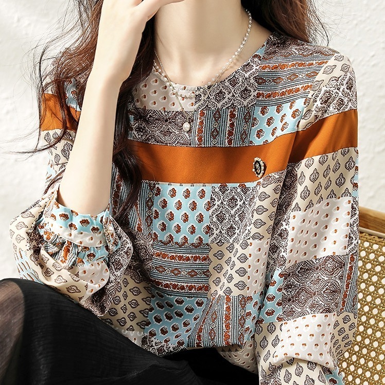 カジュアルシフォンシャツ 長袖シフォントップス エキゾチックコーデ レトロデザインシャツ トップス ブラウス プルオーバー 袖あり 7分袖 七分袖 長袖 Uネック ラウンドネック スリム 細身