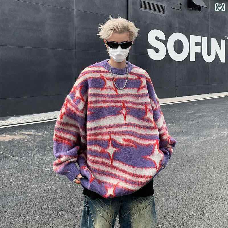 メンズ セーター トップスス 中国 トレンド アメリカン スター ジャカード ラウンドネック ストリート ヒップ ホップ プルオーバー ニット