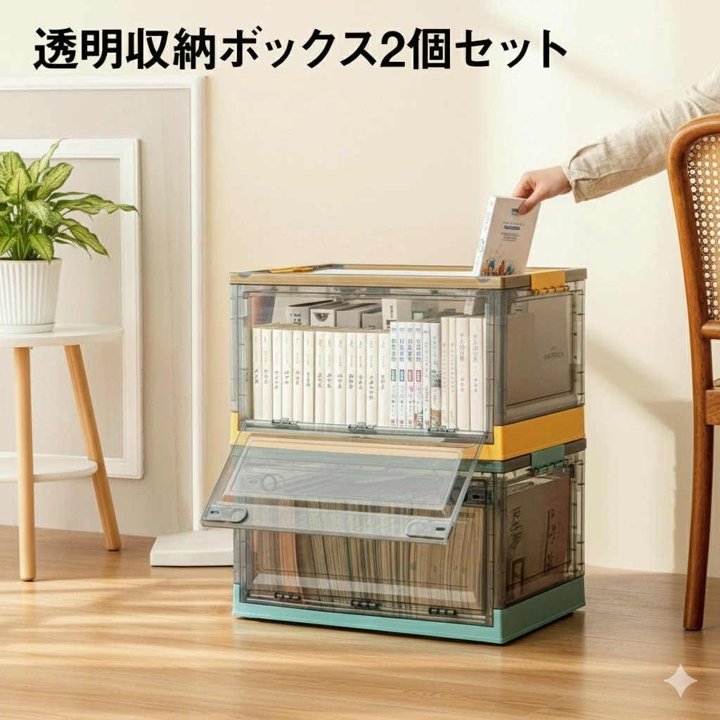 収納ボックス 折りたたみ 2個セット 2段 ボックス 収納ケース 前開き 中身が見える キャスター付き コンテナ 収納棚 扉付き おしゃれ tomei-box03