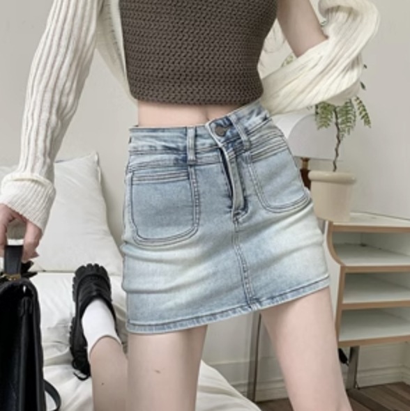 レディース スカート デニム ショート タイト ハイウエスト 無地 脚長 ポケット かわいい 大人可愛い きれいめ シンプル カジュアル 上品 おしゃれ かっこいい レトロ こなれ感 ラフ クール