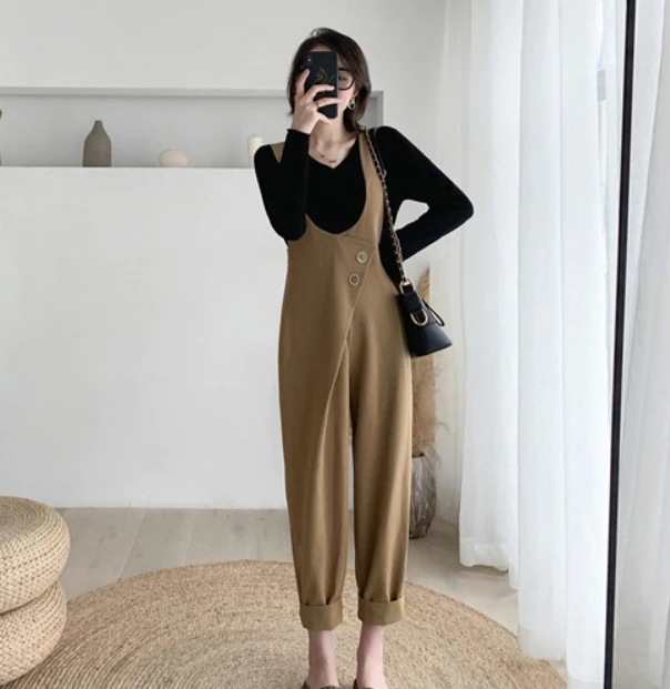 ボトムス セットアップ Tシャツ サロペット ロング丈 袖あり 長袖 Vネック ストレート アシンメトリー リブ 上下セット 2点セット ツーピース かわいい 大人可愛い きれいめ シンプル