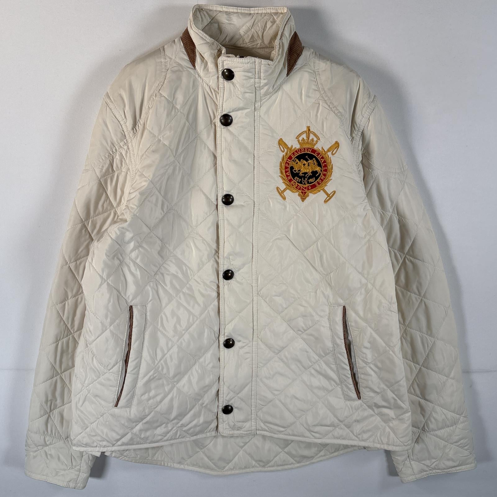 古着 ラルフローレンスポーツ RALPH LAUREN SPORT 中綿キルティングジャケット 刺繍ロゴデザイン　フルジップ コーデュロイ L ホワイト レディース 5,170円