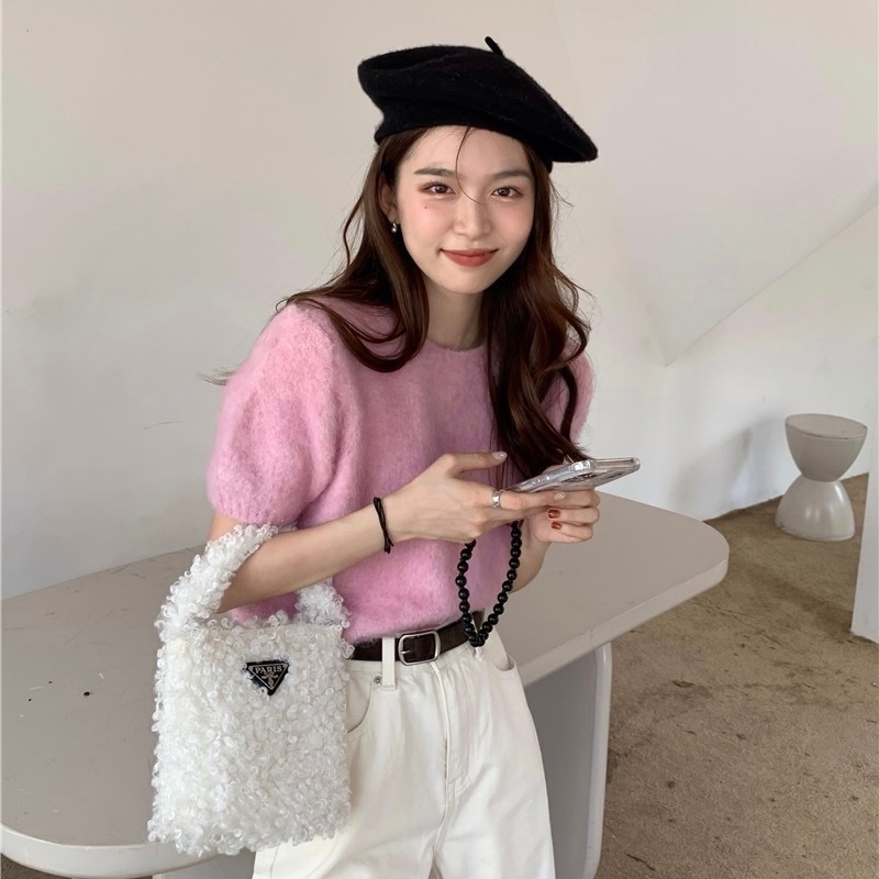 クロップド トップス ニットソー セーター ショート ショート丈 袖あり 半袖 Uネック ラウンドネック 襟なし スマート ふわふわ 伸縮性 ニット かわいい 大人可愛い きれいめ シンプル