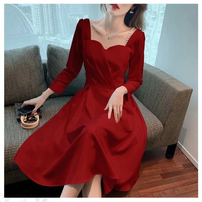 宴会敬酒晚礼服平时可穿长袖红色连衣裙子女收腰气质2025早秋 母の日 母の日-0008754