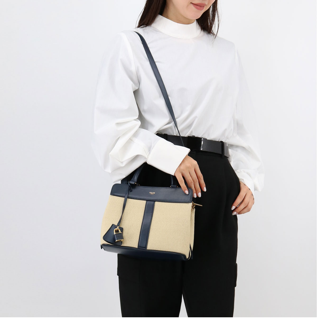 ハンドバッグ スモール カバ ドゥ フランス ネイビー×ベージュ 19196 2DJV 01NA キャンバス レザー 2WAY ショルダーバッグ クロスボディ ブランド ロゴ