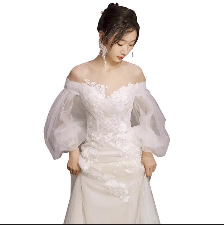 ウェディングドレス アイボリー ロングドレス オフショルダー バルーンスリーブ 袖あり 背中開き 編み上げ スレンダーライン 花嫁 結婚式 披露宴 20代 30代 40代 前撮り (M-0023)