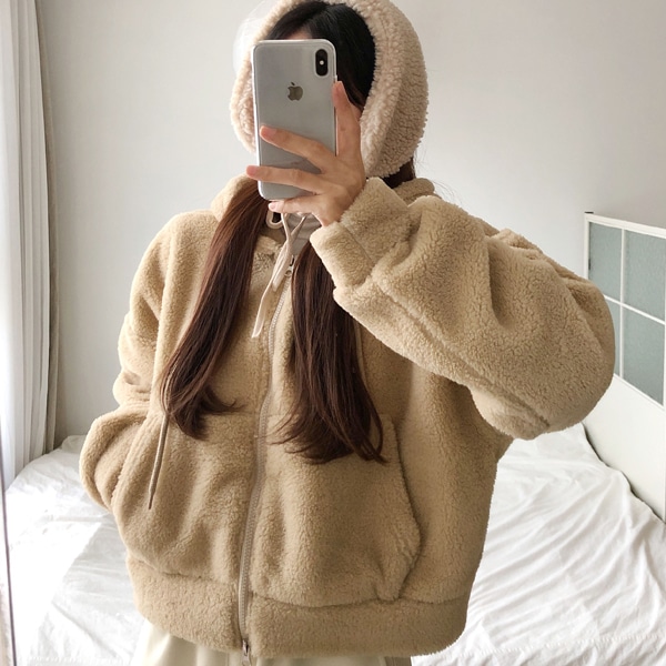 韓国ファッション ルーズフィット フリース ミンク フード ジップアップ ジャンパー