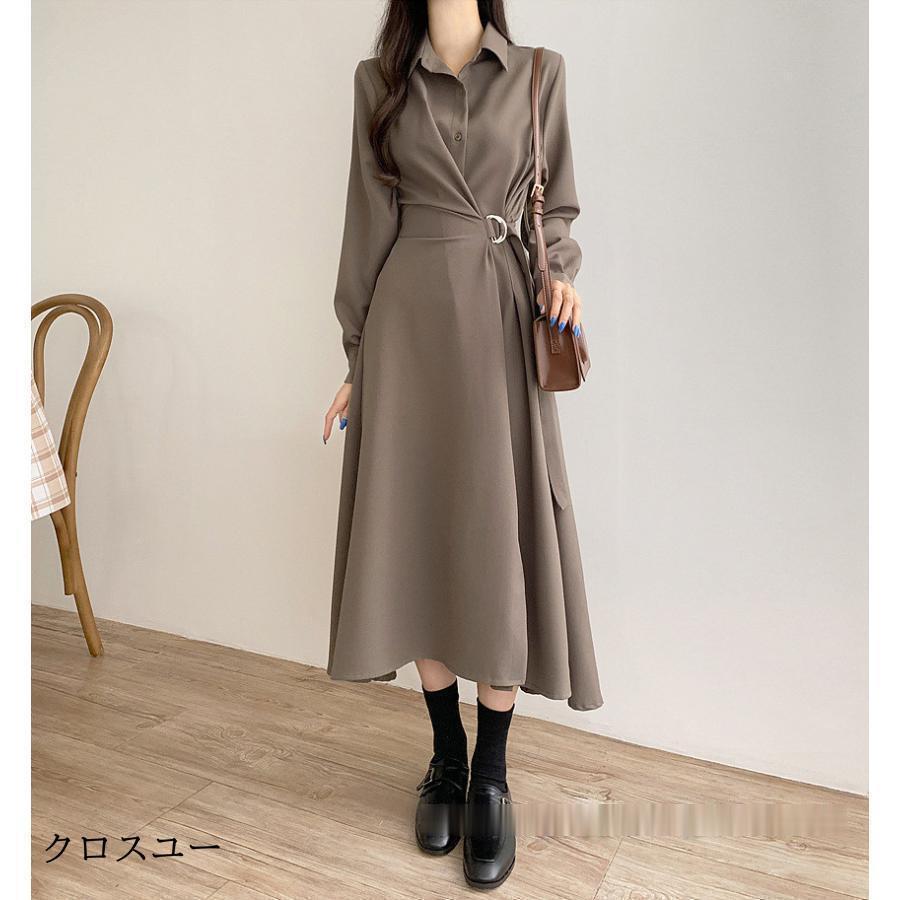 ビジネスワンピース ロングワンピース ミモレ丈 長袖 ウエストリボン付き Aラインワンピ フォーマル 春コーデ 上品感 エレガント 30代40代 大人 無地 50代