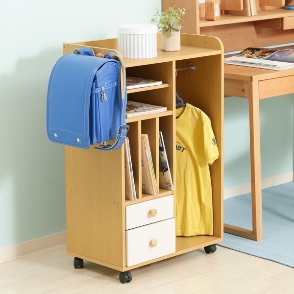 キッズラック 幅58cm ストレージラック ランドセル収納 ランドセル置き ハンガー キャスター付き 引き出し 本棚 キッズ収納 子ども 収納棚 洋服掛け