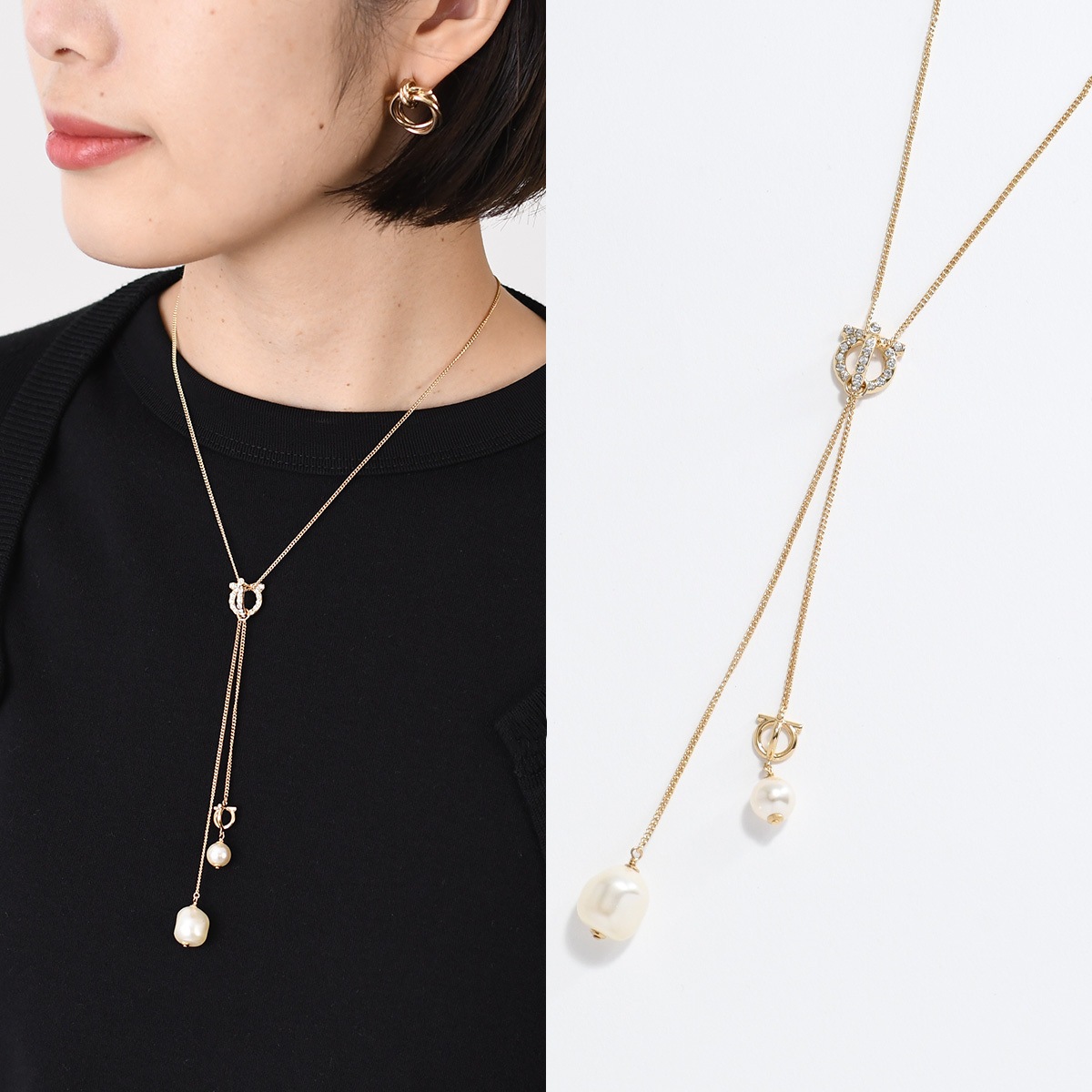 アクセサリー ガンチーニ ネックレス 760532 レディース ゴールド 真鍮 ガラス パール チェーンネックレス カニカン留め