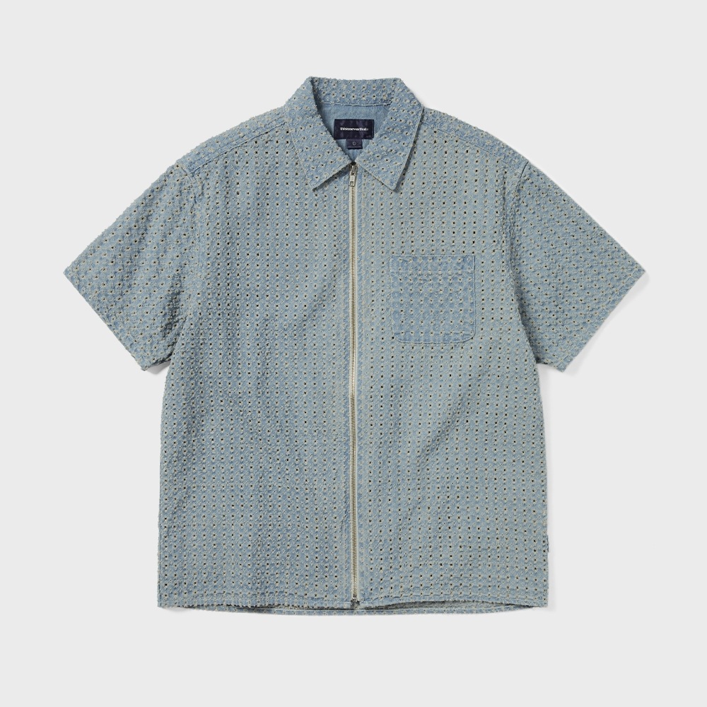 ディスイ즈ネバーザー Damaged Denim Zip S/S シャツ Washed Blue