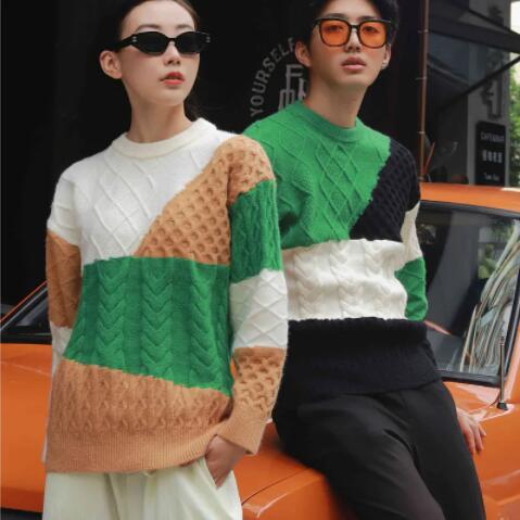 の新作ゆったりセーターヘッダー男女韓国版ファッションだるい風の色合わせトップスニット