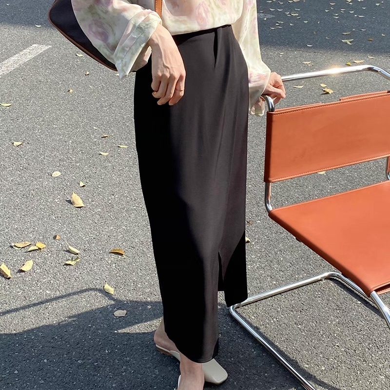 レディース スカート ボトムス タイトスカート ミモレ ドレープ フェミニン シフォン スリット サイドスリット ハイウエスト かわいい 大人可愛い きれいめ シンプル 上品 おしゃれ ガーリー