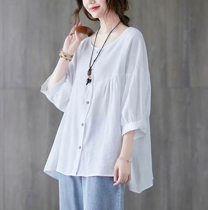 トップス シャツ ブラウス 大きめ 袖あり 7分袖 七分袖 ラウンドネック 襟なし ワイド 前開き 薄手 かわいい 可愛い シンプル カジュアル 大人 おしゃれ お洒落 レトロ アジアン 大人可愛い