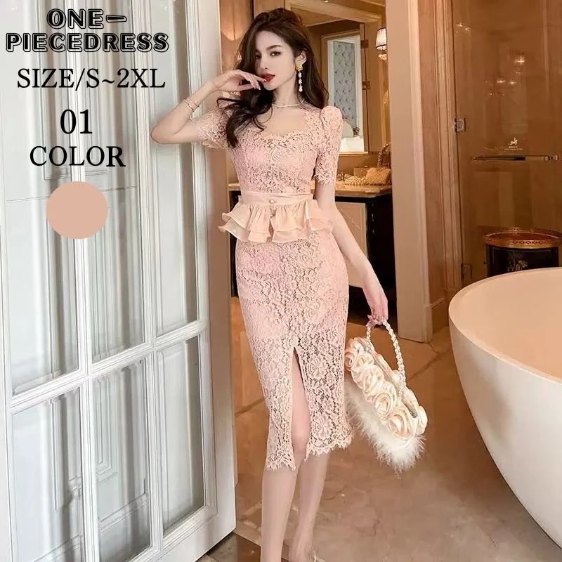 ワンピスドレス　チュールレース　ペプラムフリル　タイトフィット　パーティードレス　セクシードレス　切り替え　半袖　姫系　セクシー上品 大人 きれいめ キャバ嬢　お水　結婚式 20代 30代 40代 ピ 5,500円