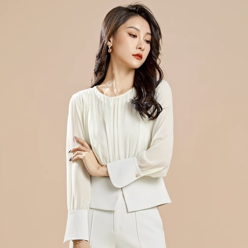 個性的 トップス シャツ ブラウス プルオーバー 袖あり 長袖 ラウンドネック 襟なし 切り替えデザイン プリーツ 透け感 シースルー 薄手 大人 上品 おしゃれ お洒落 大人女子 クール セクシーシャツ・ブラウス