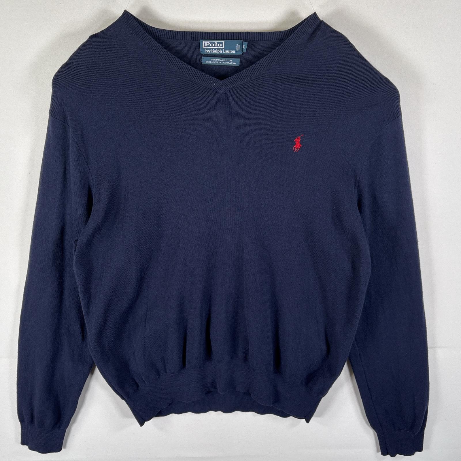 古着 ポロバイラルフローレン Polo by Ralph Lauren セーター コットンニット Ｖネック ワンポイントロゴ 薄手 XL ネイビー メンズ