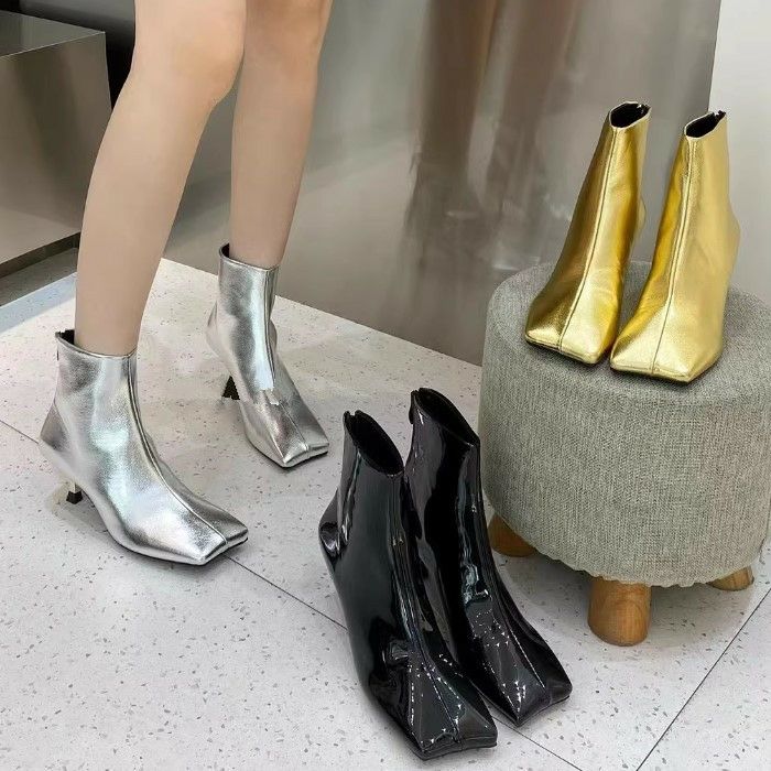AW 新作 3color スクエアトゥ ショート ブーツ メタルカラー