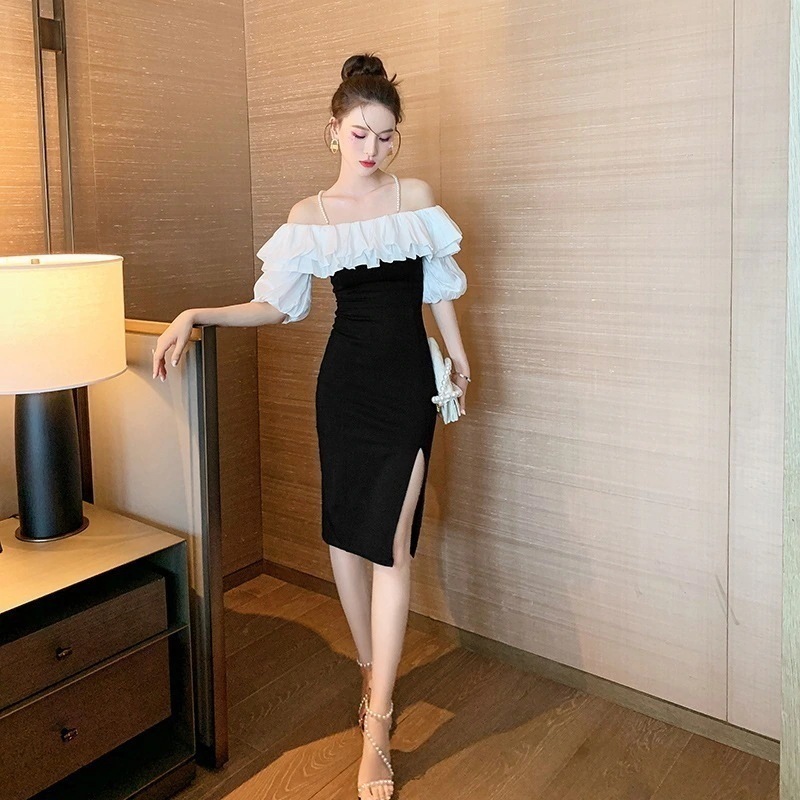 宴会 誕生日 イブニングドレス ブラック2025 スリットネック フリル オフショルダー スリムフィット パックヒップ バルーンスリーブ 夏 フォーマル パーティー 着痩せ 同窓会 結婚式 披