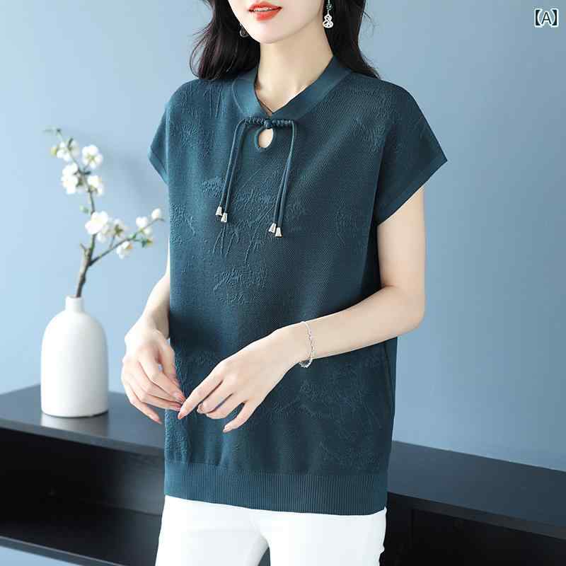 婦人服 レディース 上品 おしゃれ マダム ファッション 夏 チャイナ カラー ボタン トップス 薄手 涼しい 涼しい 西洋風 チャイナ風 半袖 Tシャツ 大きめサイズ