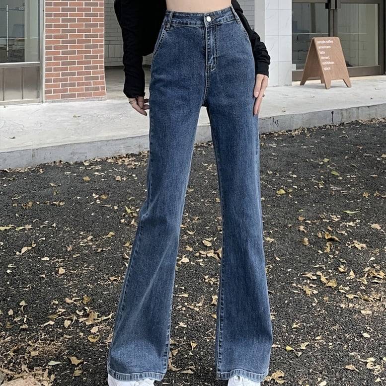 4color レディース デニムパンツ ジーンズ パンツ ボトムス ハイウエスト スリム ストレート ブーツカット カラーデニム 青 黒 茶色 ブルー ライトブルー ブラック ブラウン 大人可愛い き