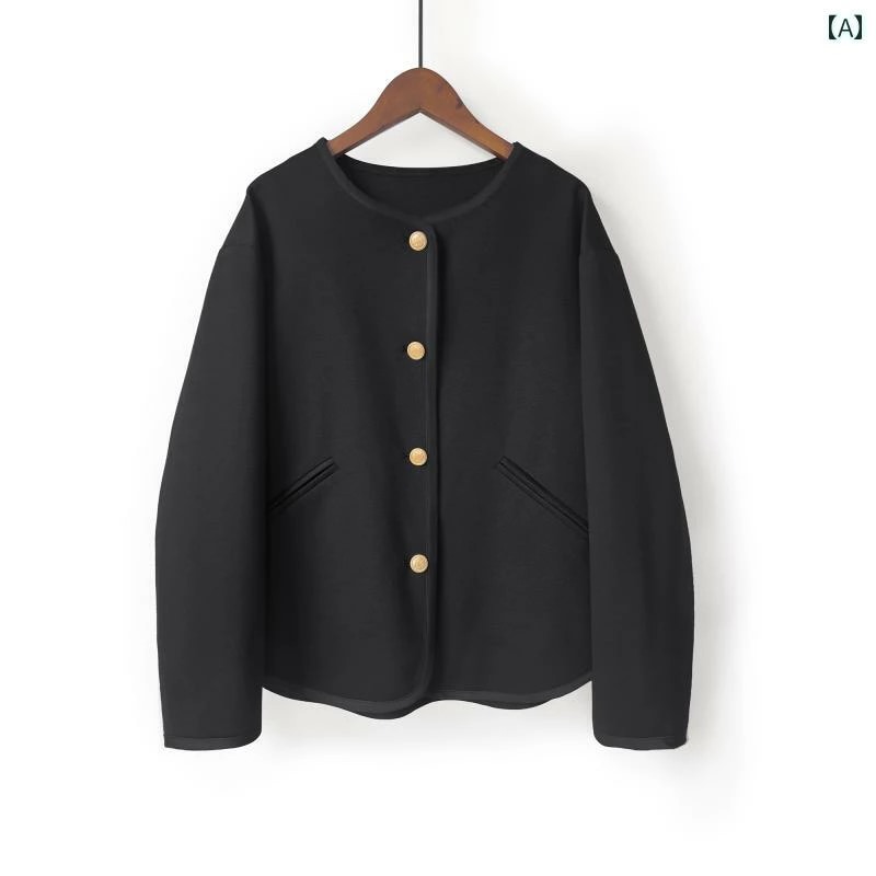 ビジネス　スーツ　ジャケット春秋 長袖 ショート ジャケット レディース カーディガン トップ 黒ノー カラー ラウンドネック スーツで スリム