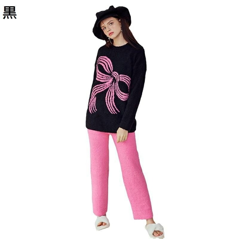 寝巻き ナイトウェア フランネルパジャマ 上下セット レディース 原宿系 リボン柄 寝間着 秋冬 発熱 両面起毛 ぱじゃま 女の子 お誕生日 長袖 便利服 柔らか フリーサイズ