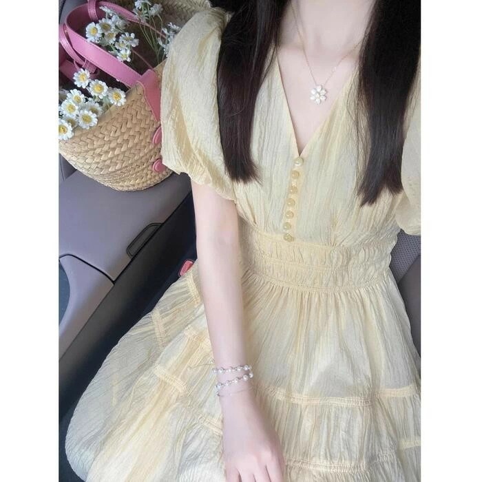 カジュアル 50代 20代 Aライン フェミニン イエロー ウエストゴム い エレガント ハイウエスト 体型カバー ドレス ワンピース パフスリーブ ワンピ 袖あり 半袖 ミモレ丈 ナチュラル Vネッ