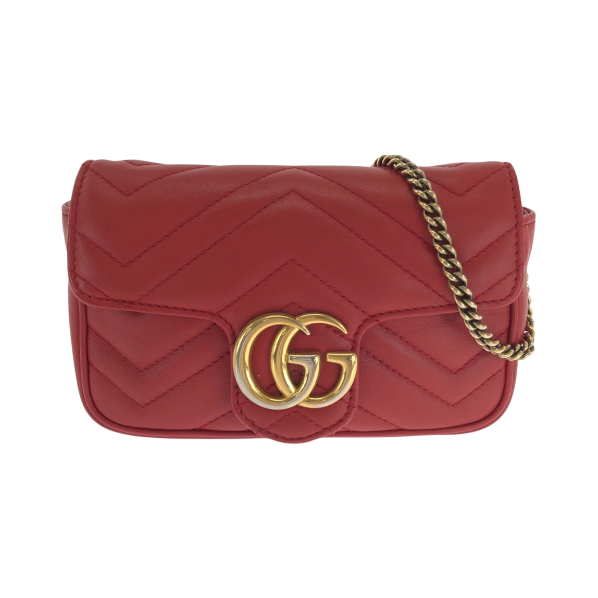 美品 GGマーモント レッド ゴールド金具 レザー 476433 チェーンショルダーバッグ レディース 501980
