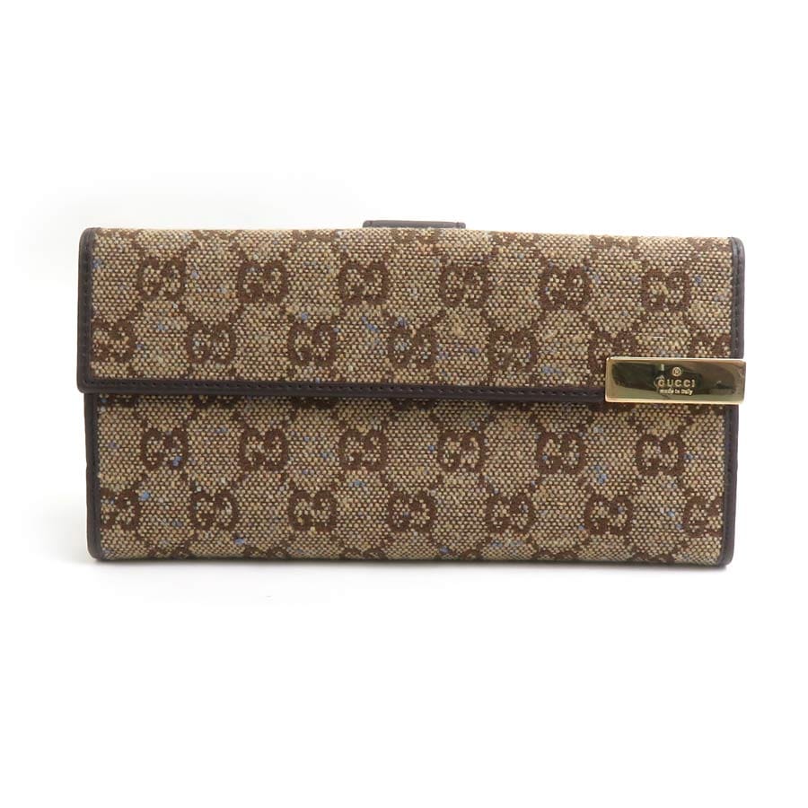 グッチ GUCCI 二つ折り長財布 キャンバス/レザー ベージュブラウン/ブルー ゴールド レディース 257012 e60238g