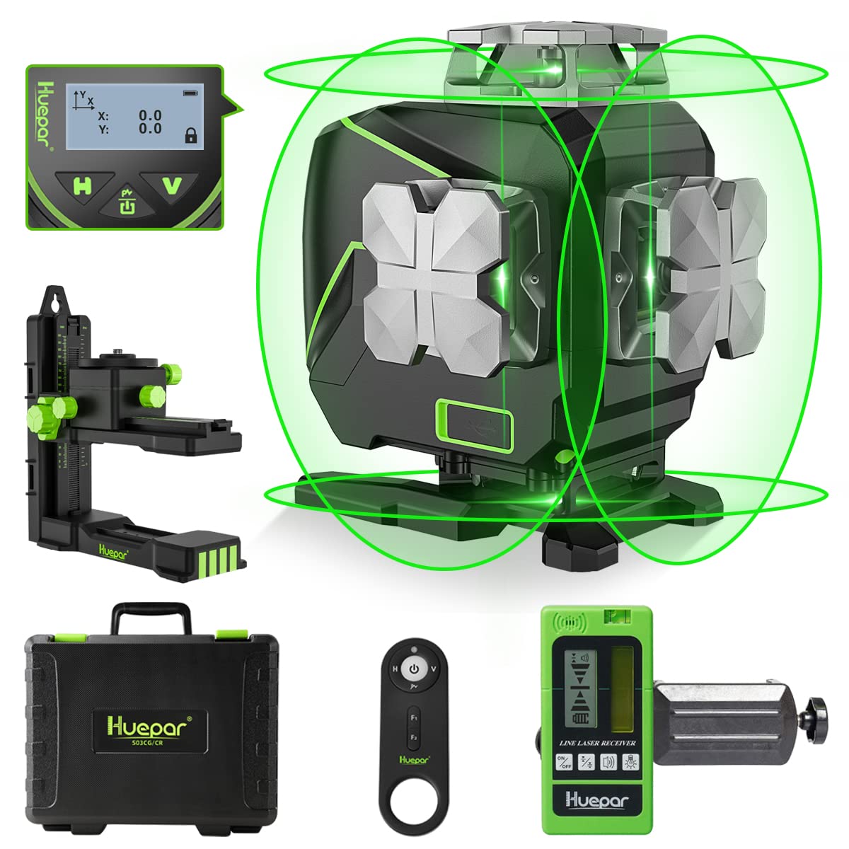 グリーン レーザー墨出し器 フルライン4本 4x360【受光器付属】 LCDディスプレー 軽天マウント リモコン付き 3電源方式 S04-5RG 76047