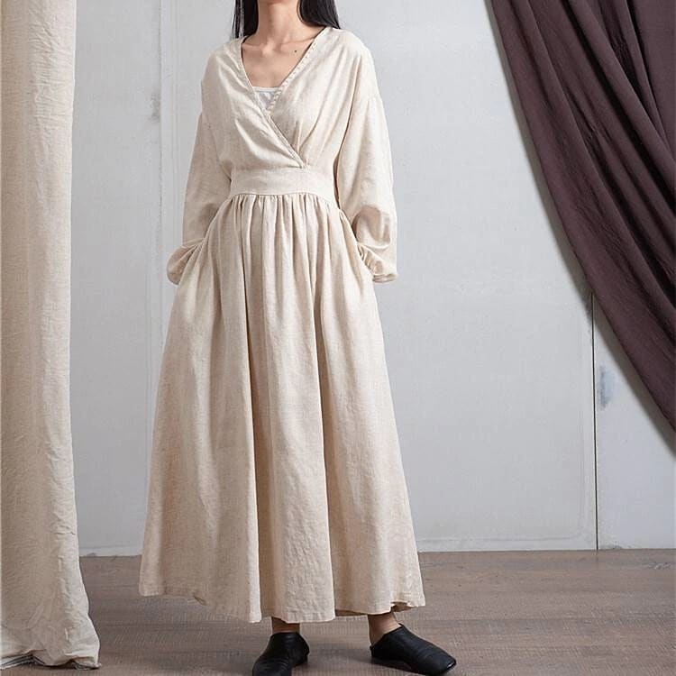 リネンワンピース 2色 カシュクールワンピース vネック 深vネック 長袖 ボリューム袖 ウエストマ