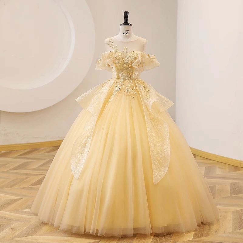 8072カラードレス 黄色 ロングドレス ウェディングドレス 忘年会ドレス 結婚式二次会 イブニングドレス Aライン プリンセス 発表会 披露宴