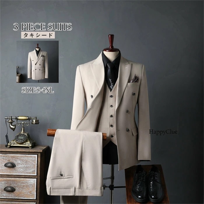 3ピース スーツ メンズ パンツスーツ 結婚式 タキシード スリム ダブルスーツフォーマル 通勤 ビジネススーツ キャリア 男性 メンズスーツ スリーピース カジュアルスーツ おしゃれ 発表会 卒業式