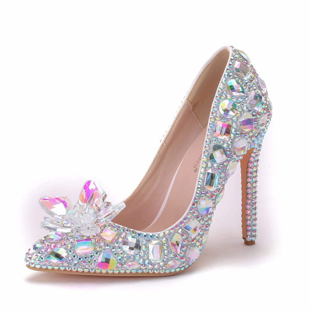 11Cmセクシーな尖ったつま先のつま先女性用のシングルシューズスリムなかかとの女性靴ラインストーンウェディングシューズバンケットダンスパフォーマンスハイヒール