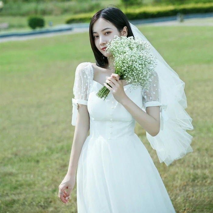 ウエディングドレス 袖あり 二次会 ミモレ丈 花嫁二次会 大きいサイズ パーティー 結婚式 海外挙式 前撮り 後撮り ブライダル 披露宴 ドレス エンパイア ワンピース