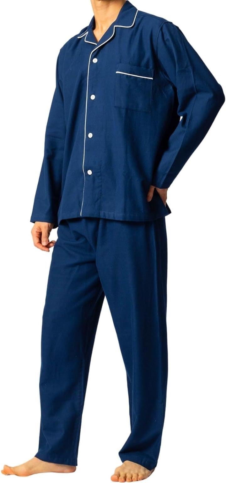 パジャマ メンズ長袖 コットンフランネル 前開き 寝巻き パジャマセット 上下セット メンズパジャマ パジャマメンズ おしゃれ かっこいい シンプル 無地 部屋着( ネイビー, M)