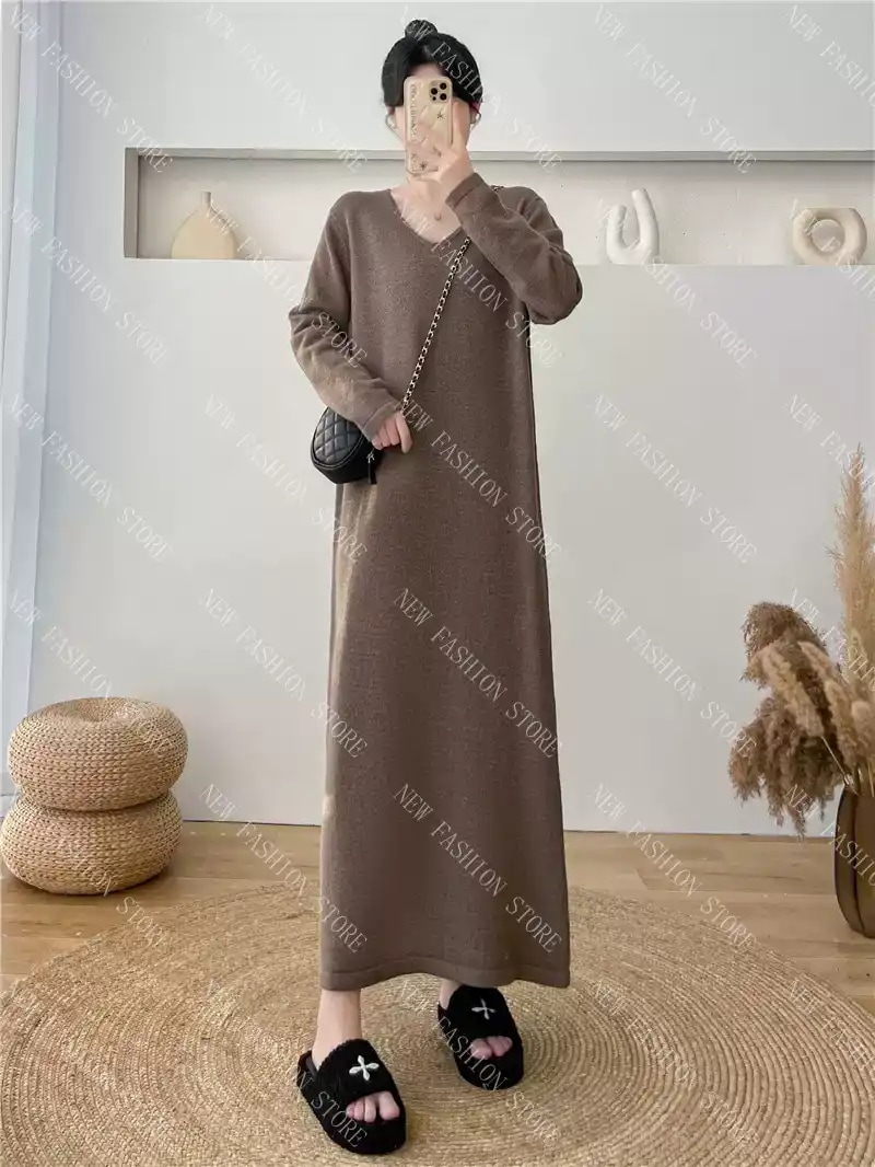 ニットワンピースレディース秋冬新作Vネックロングスカート-33