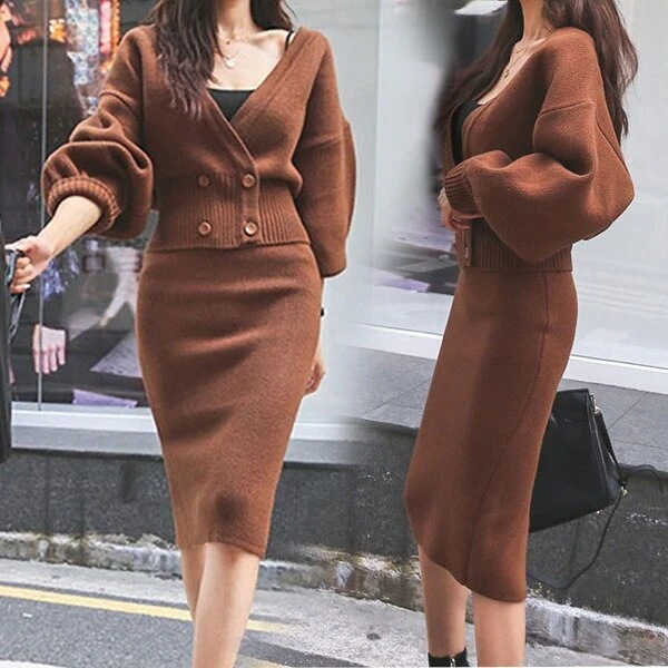 ニットセットアップレディーススカートセットニットセーター前開きタイトスカートスリット入りニット