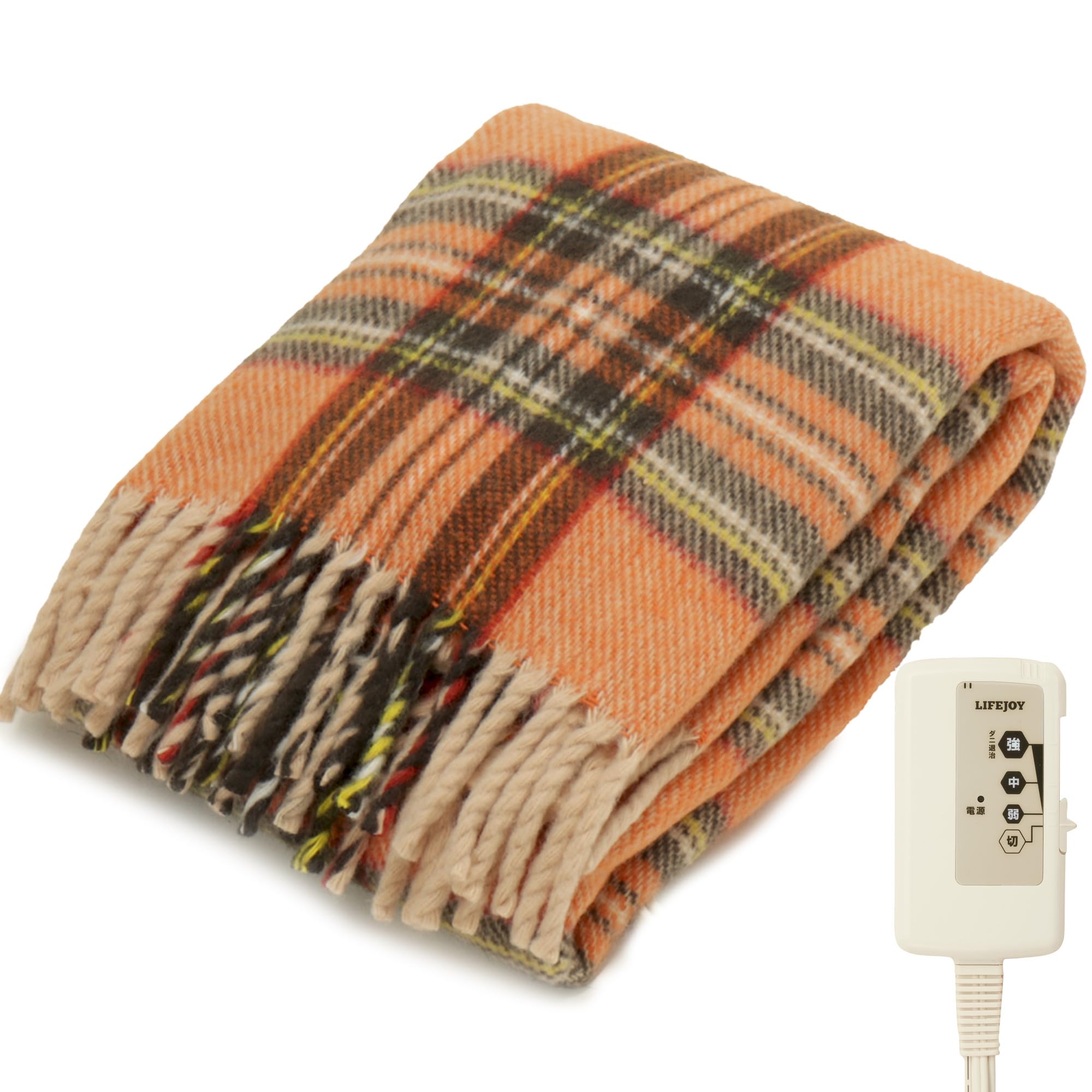 ライフジョイ 電気ひざ掛け 日本製 オレンジ チェック柄 120cm×62cm 電気毛布 洗える ブランケット ふわふわ あったか JPN121DC