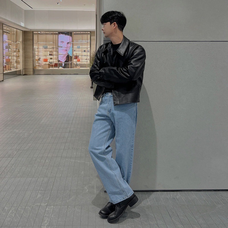 短いセクションバイカーレザージャケットメンズ秋の新しいトレンドラペルルーズレザージャケットの韓国語バージョン