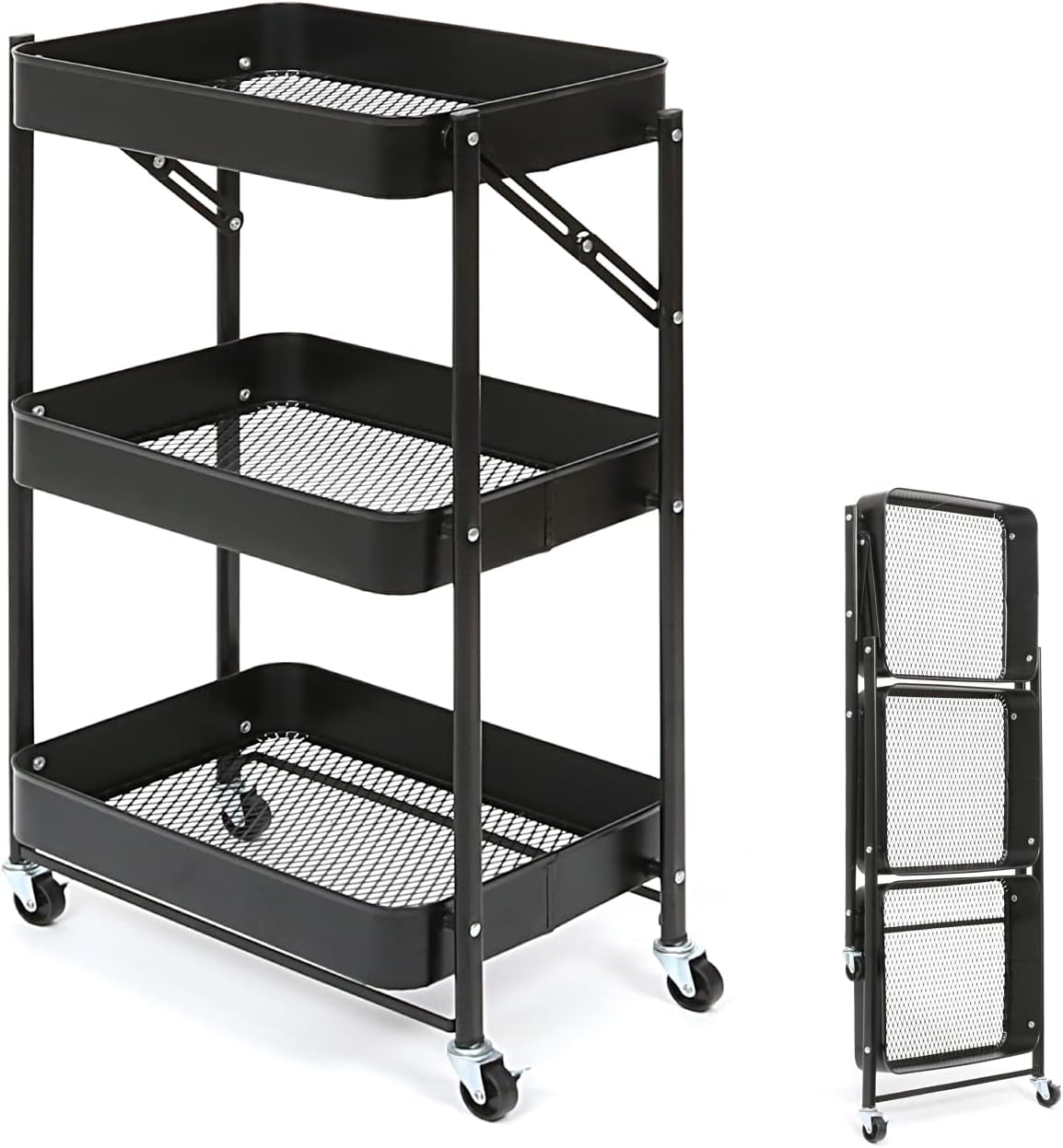 アストロ キッチンワゴン 3段 ブラック 折りたたみ スチールワゴン キャスター付き 収納カート 731-16 スリム