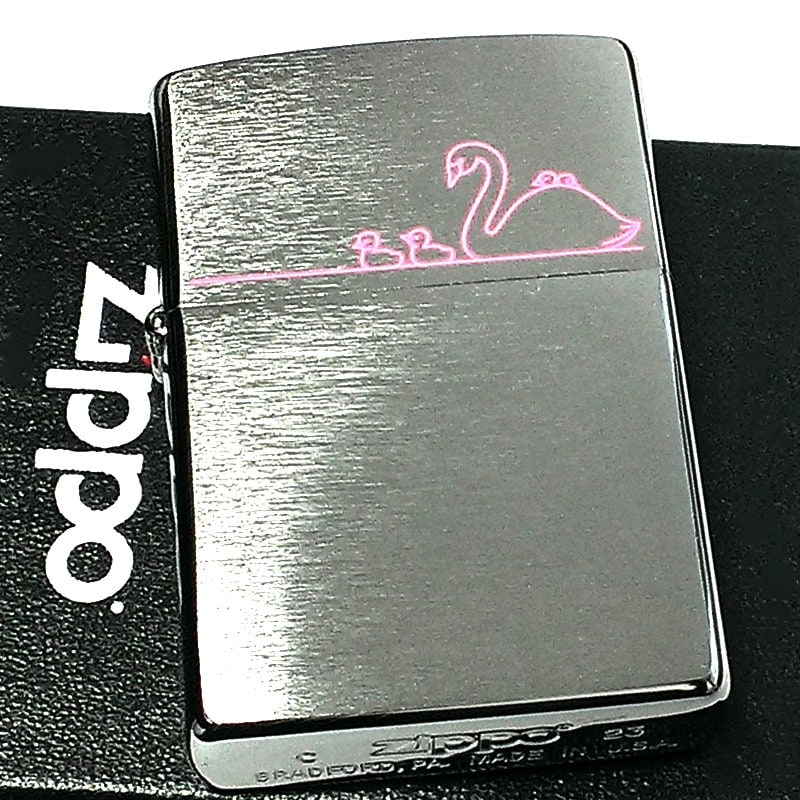 ZIPPO かわいい 白鳥 レーザー彫刻 シルバーサテン ジッポ ライター ピンク シンプル 銀 おしゃれ メンズ ギフト プレゼント レディース