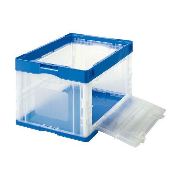（まとめ）TANOSEE 折りたたみコンテナ フタなし 長辺扉付 50L ダークブルー/透明 1台 5セット