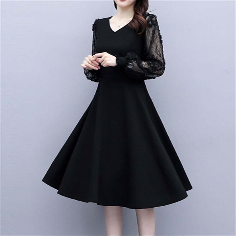 ロングドレス ドレス dress 衣装 ワンピース パーティドレス ロング ロング丈 膝丈 ひざ丈 袖あり 長袖 Vネック Aライン フレア ドッキング 異素材切り替え 透け感