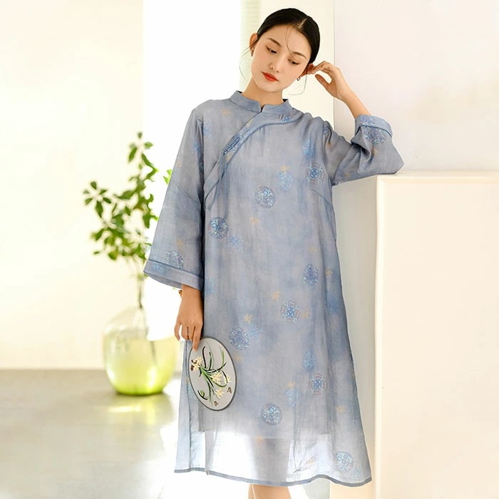 リネン ワンピース 麻 レディース 大きいサイズ 春 夏 長袖 きれいめ 花柄 ロング 着痩せ 女性用 体型カバー 吸汗 通気 おしゃれ シンプル カジュアル エレガント レトロ 薄手 OL通勤 旅行