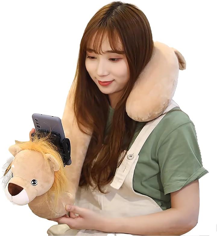 スマホホルダー ネックピロー U字型枕 首枕 モバイルピロー 携帯 スマホスタンド クッション 昼寝枕 動物 アニマル柄(ライオン)