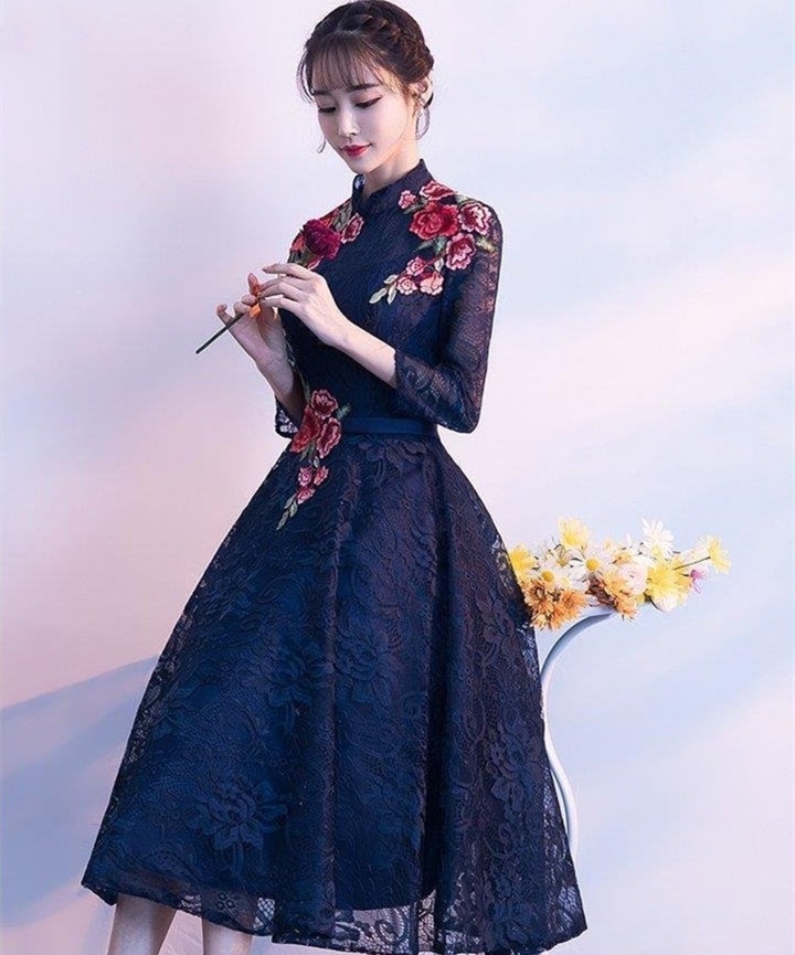 結婚式ドレス パーティードレス ワンピース ドレス 袖あり ミディアム丈 花柄 刺繍 レース 演奏会 発表会 お呼ばれ 二次会 披露宴 上品 大人 紺色