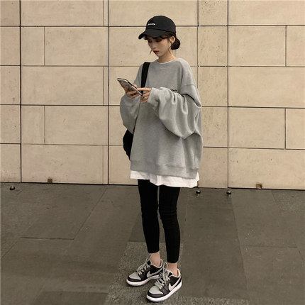 トップス トレーナー ミディアム丈 長袖 レギュラー袖 ラウンドネック ストレート 綿 コットン ポリウレタン ベルベット フェイクツーピース 個性的 グレー ピンク ネイビー S M L XL
