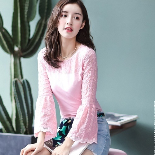 2057.ベルスリーブ涼しげレーストップス(ピンク)